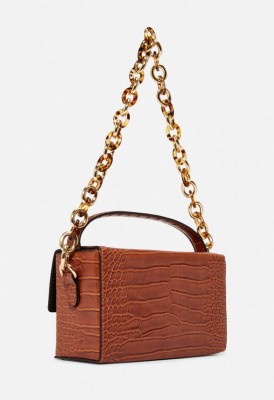 L. Boxy Baguette Crossbody Bag - Cognac Croc